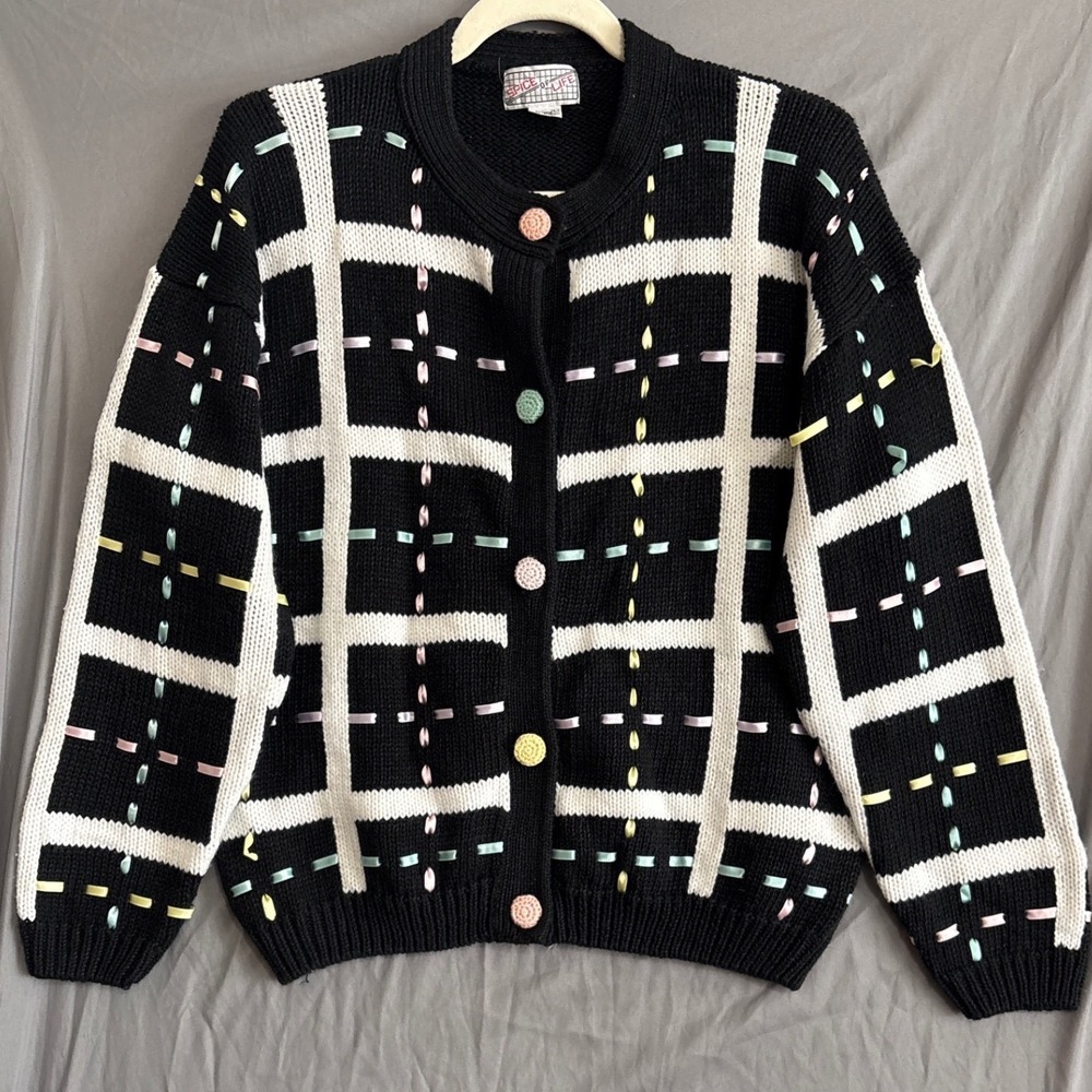 Spice of Life Vintage Black White Ribbon Grid Cardigan Crochet Buttons Large